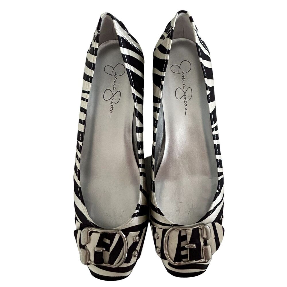 Jessica Simpson Black White Zebra Fabric Wedge Sz 7.5 Kitten Heel Buckle JS-DAFA - Picture 10 of 10